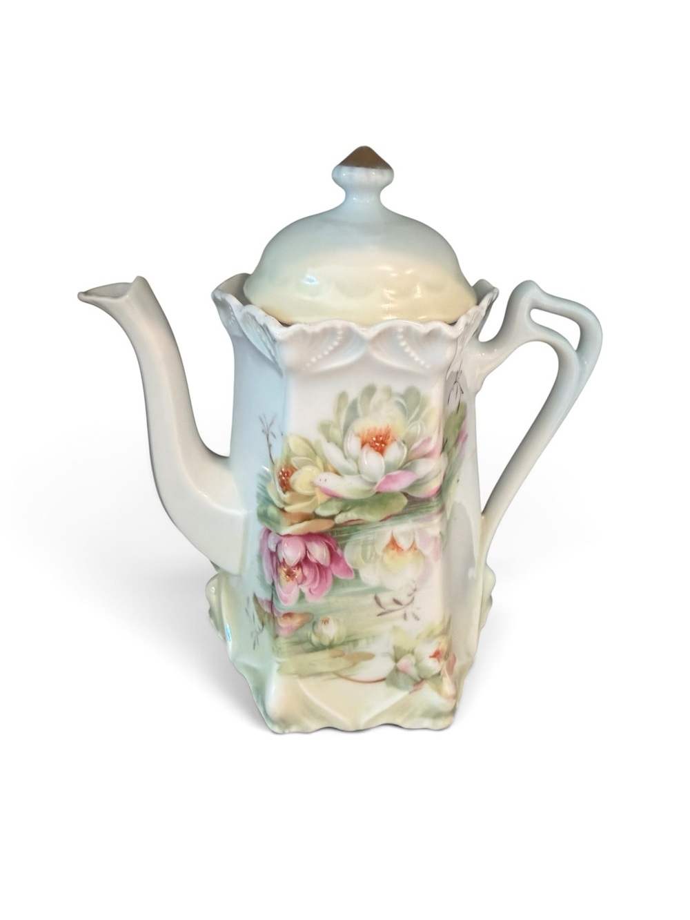 Antique 6-Sided Hand Painted German Porcelain Teapot with water lilies